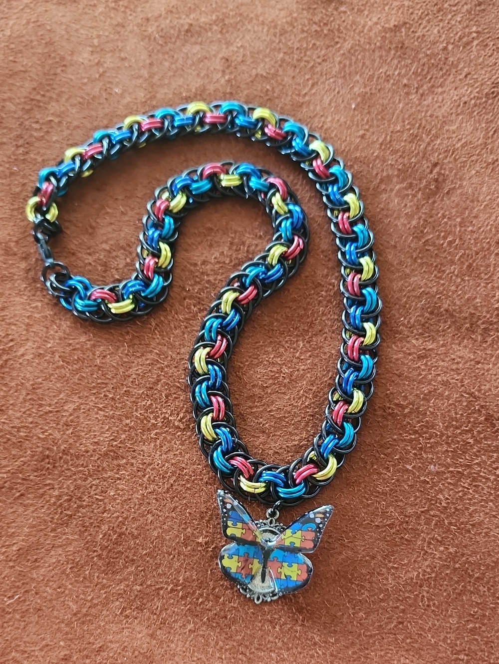 Y2K Goth Butterfly Multicolor Chain Necklace with Puzzle Butterfly Pendant